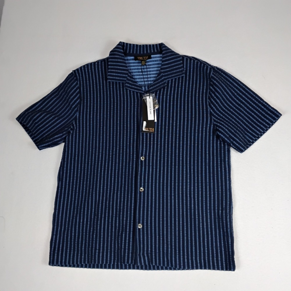 TRUTH by Republic Mens M Navy Blue Stripe Camp Shirt Cotton Stretch NWT